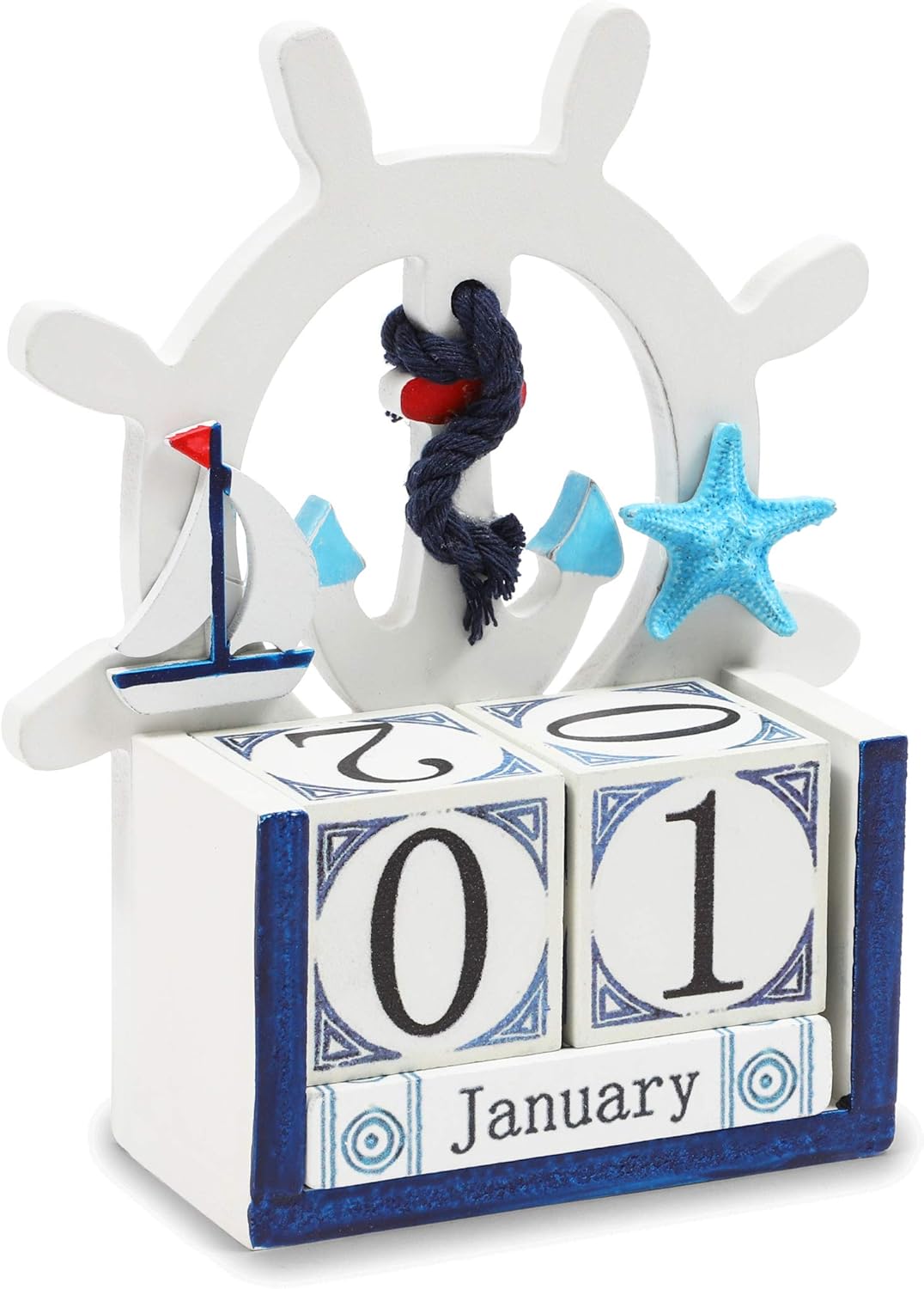 Wooden Desk Perpetual Calendar, Nautical Decor (4.5 x 7 x 2.5 in)