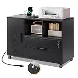 DEVAISE File Cabinet with Charging Station, 1-Drawer Lateral File Cabinets with Lock for Home Office, Wooden Rolling Printer Stand with Shelves, Black