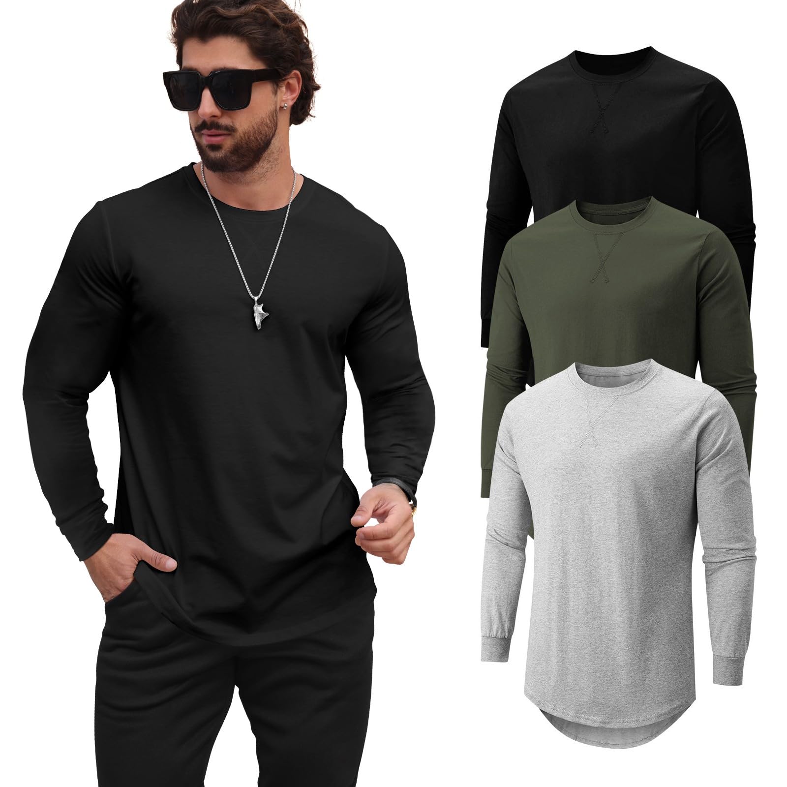 Mancozy 3 Pack Premium Men's Fitted Crew Neck Plain Essential Tees Long Sleeve T-Shirts for Men 3X-Large Image