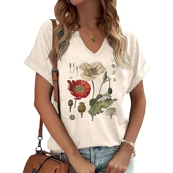 PUCKOLITY Vintage Poppy Flower V Neck Shirt for Women Poppy Flower