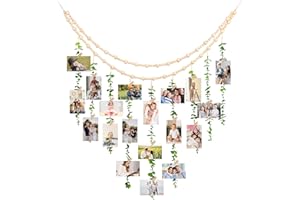 TXIN Hanging Photo Display Holder Wall Decor with Wooden Cards Clips, Boho Style Picture Frame Wood Beads Garland Artificial Eucalyptus Plant Home Decoration for Farmhouse Greenery Cubicle Bedroom