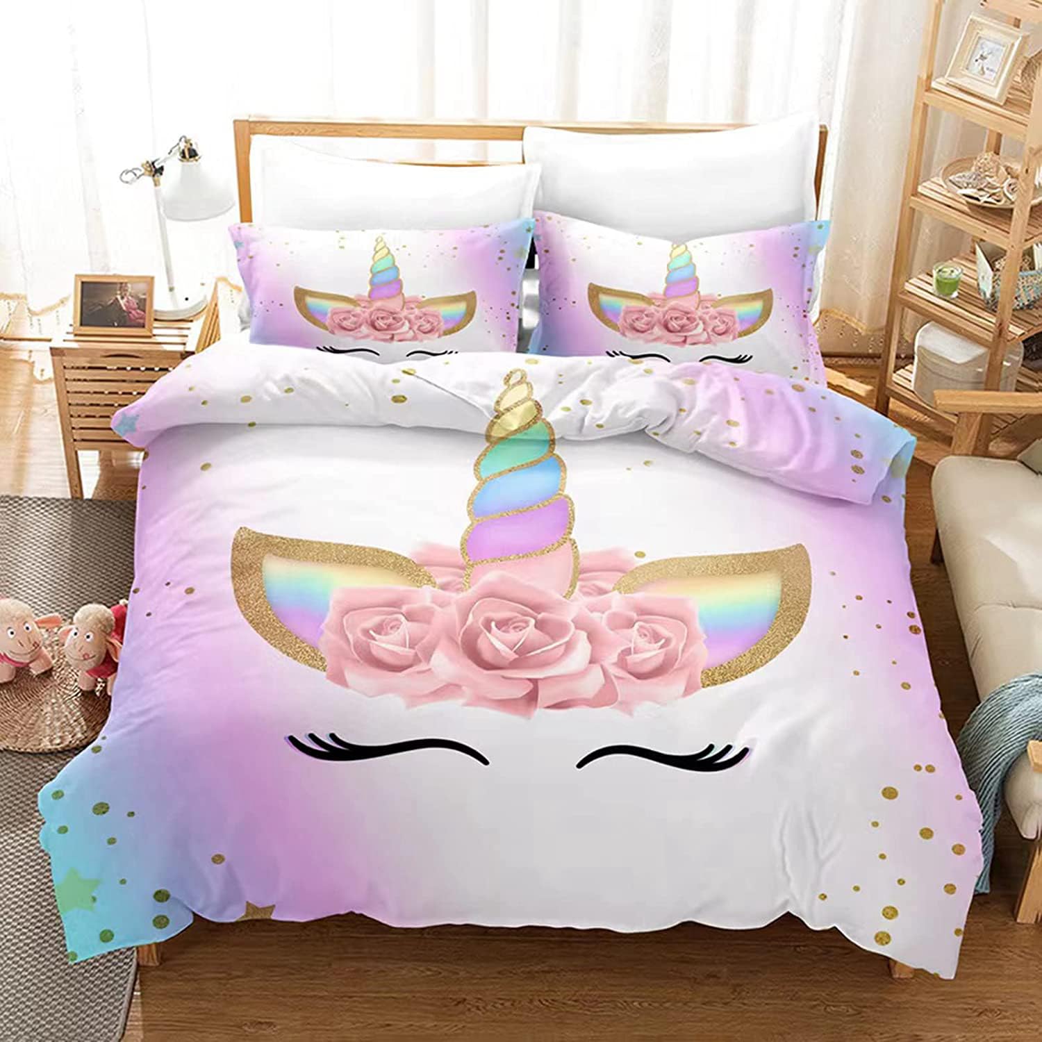 PQCXXA Unicorn Duvet Cover for Girls Boys Rainbow Kids Bedding set with 2 Pillowcases Pink Flower Quilt Cover with Zipper, Ultra Soft Polyester Microfiber Duvet Cover (Pink 3, Double) — image 1