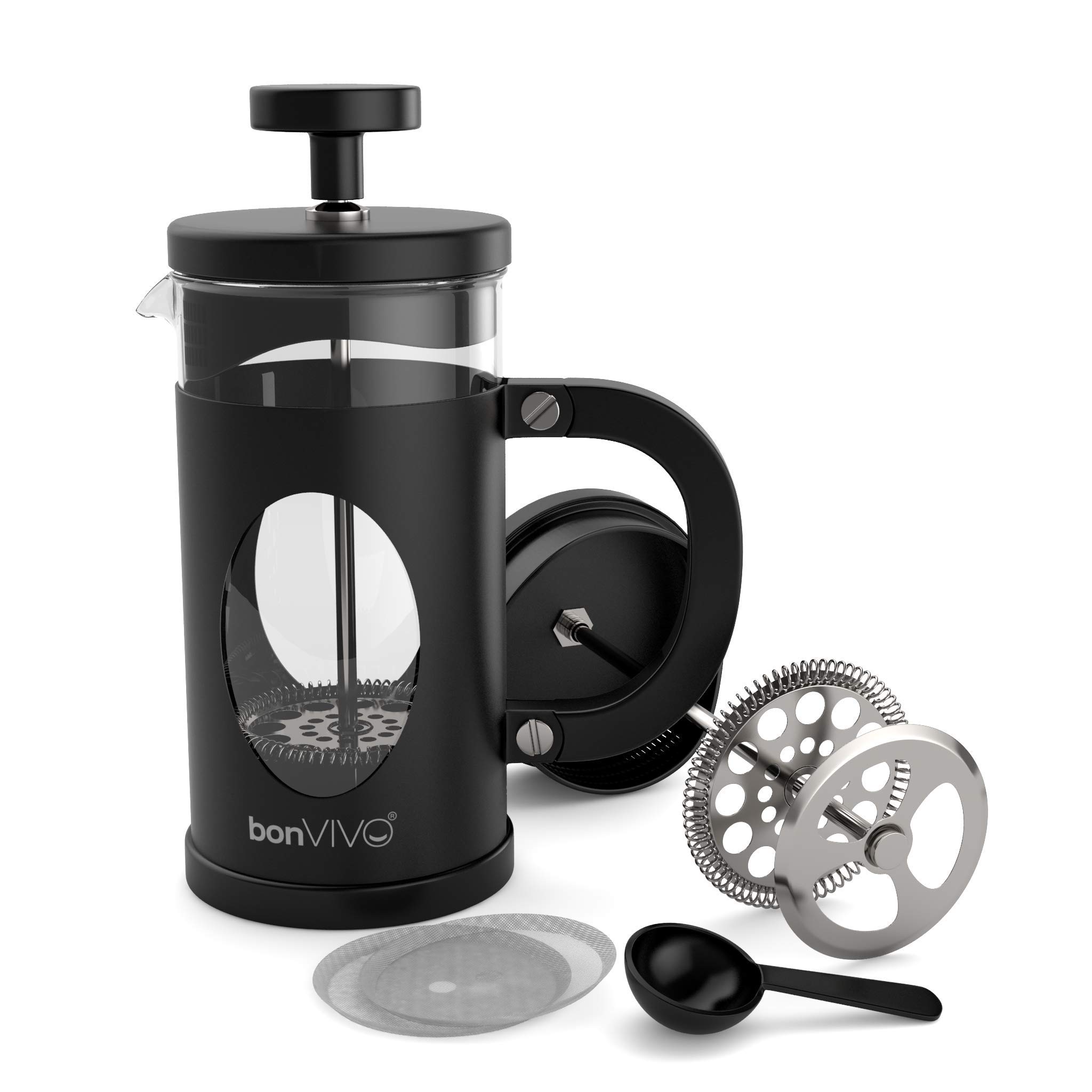 bonVIVO French Press Cafetiere 3 Cup 350ml Stainless Steel Coffee Press with Heat-Resistant Glass, Scoop & Replacement Filter, Manual Coffee Maker for Ground Coffee, Black Finish