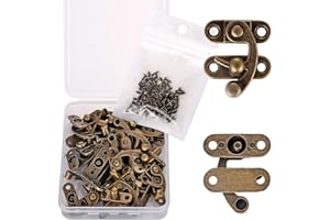 PGMJ 20 Pieces Jewelry Box Hinges and Latches - Thickened Solid Bronze Tone Antique Box Latch, Right Latch Hook Hasp Horn Lock, Cat Door Latch Holder with 80 Replacement Screws (Right Latch Buckle)