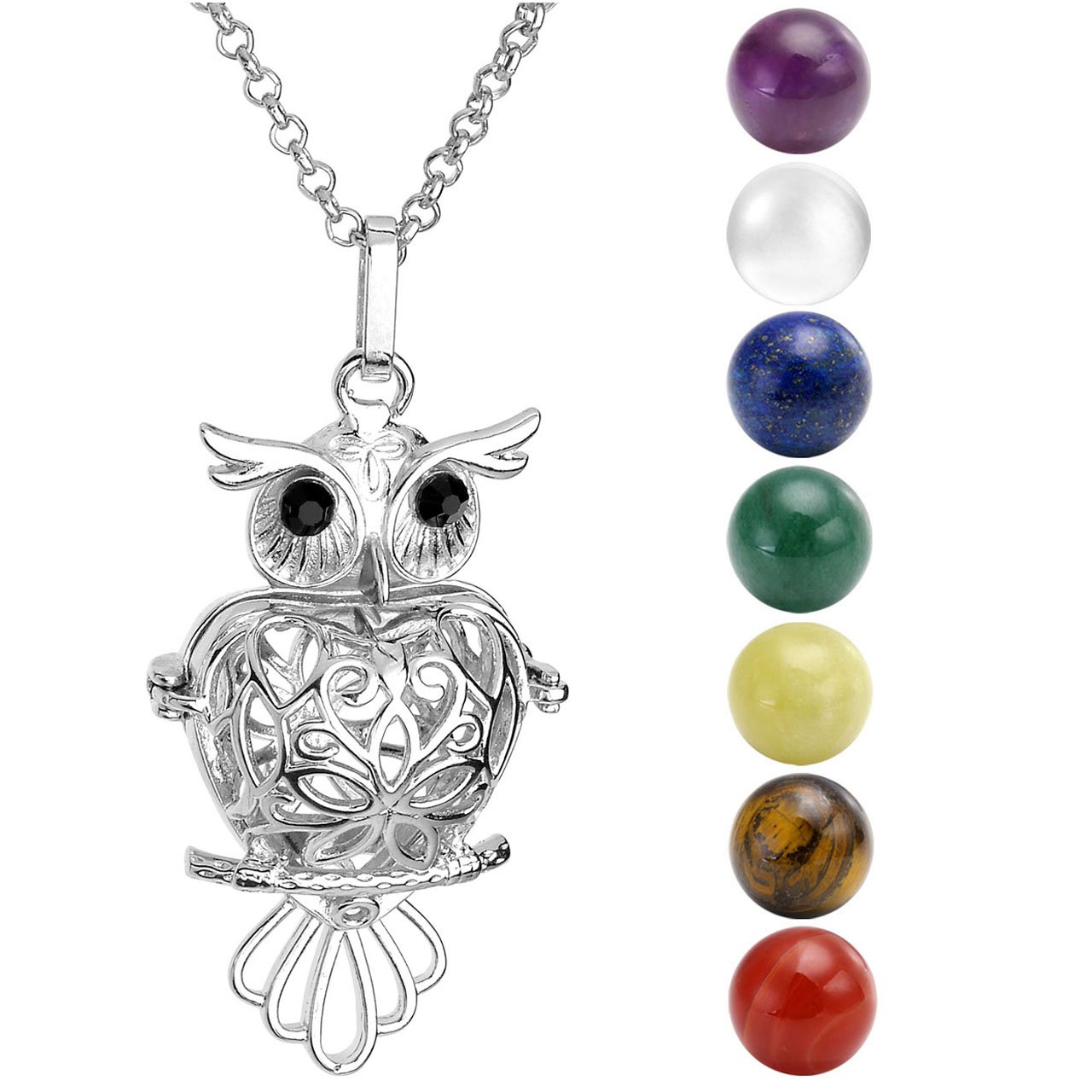QGEM Bijoux Ensemble Pierre Chakra Collier de Pendentif Médaillon Locket Ouvert Hibou Géométrie avec 7pcs Boules + Bracelet