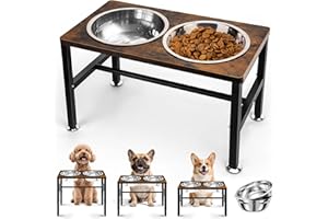NomNest Elevated Dog Bowls, 3 Height Adjustable Raised Dog Water Food Bowl Wooden Metal Stand, 42OZ-Stainless Steel Bowls for Medium Small Dogs