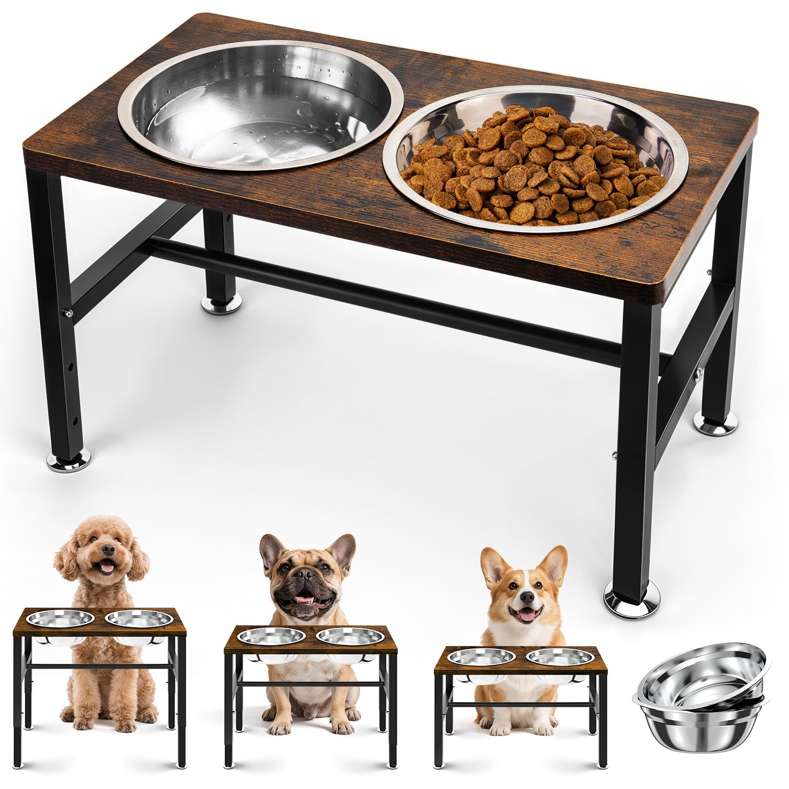 Photo 1 of NomNest Elevated Dog Bowls, 3 Height Adjustable Raised Dog Water Food Bowl Wooden Metal Stand, 42OZ-Stainless Steel Bowls for Medium Small Dogs