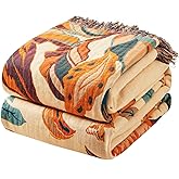 Ffdshc Boho Throw Blanket for Couch Sofa 60"x80",100% Cotton Muslin Fall Throw Blanket for Bed,Ultra Soft 4-Layers Woven Blanket with Floral Printed for All Season,Farmhouse Throws Bed Chair Cover