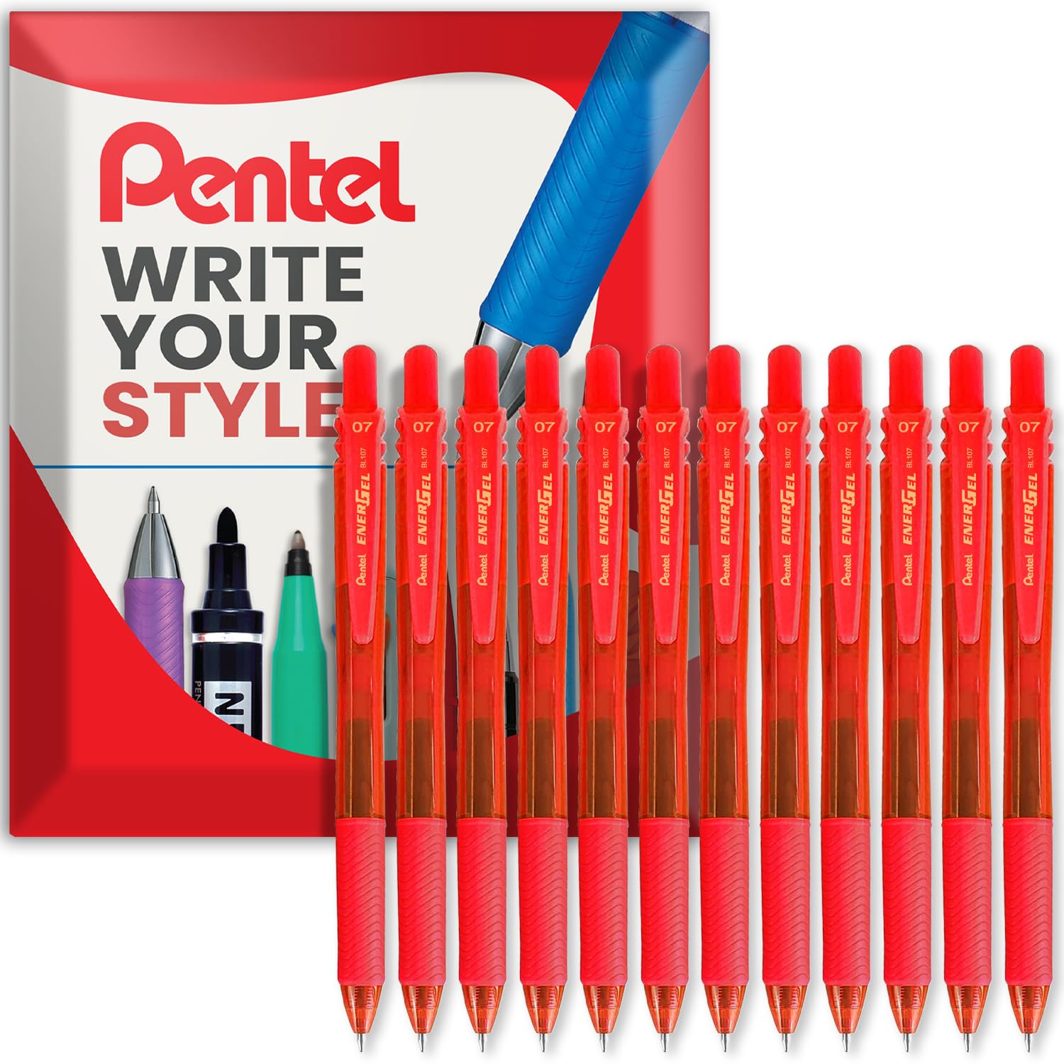 Pentel - Energel X BL107 Retractable Gel Rollerball Pens - 0.7mm - Red - Pack of 12 in Envelope Gift Packaging