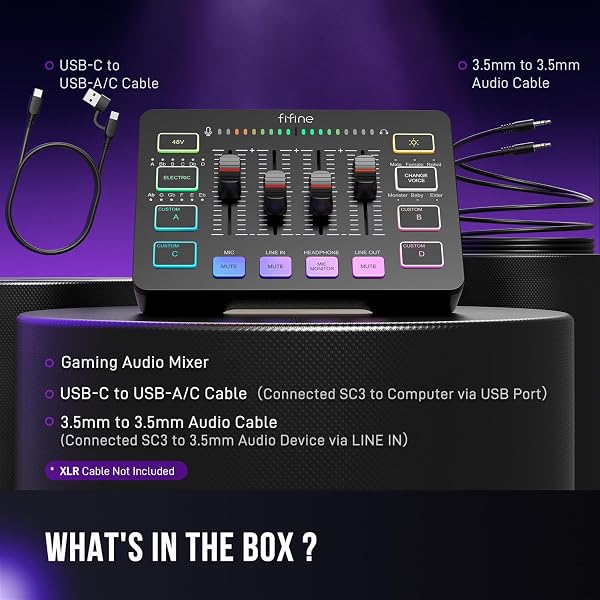 FIFINE GAMING AUDIO MIXER, STREAMING RGB PC MIXER WITH XLR MICROPHONE INTERFACE, INDIVIDUAL CONTROL, VOLUME FADER, MUTE BUTTON, 48V PHANTOM POWER, FOR PODCAST/RECORDING/VOCAL/GAME VOICE-AMPLIGAME SC3