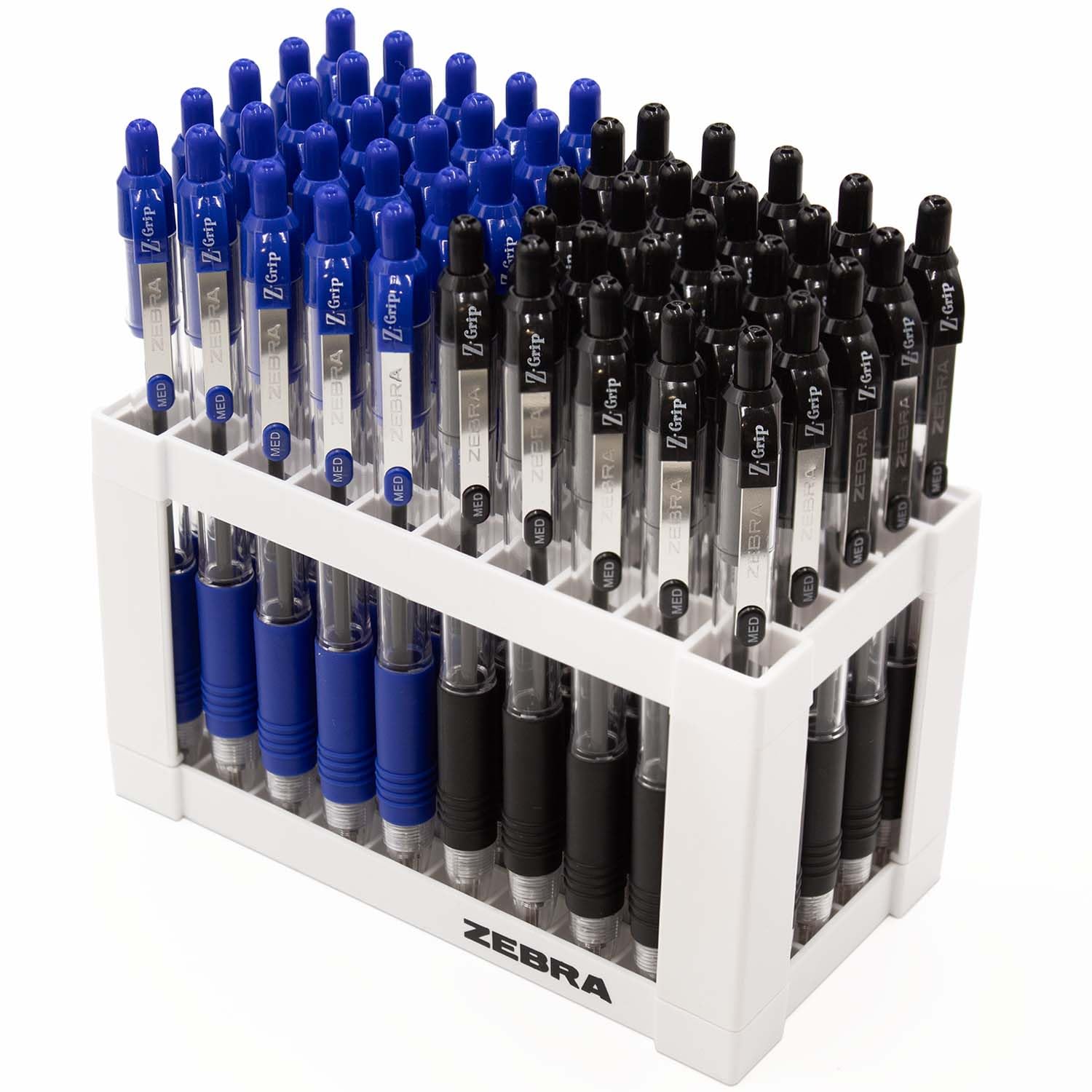 Zebra Z-Grip Ballpoint Retractable Pen - Desktop Stand Set of 50 Pens - Black & Blue Ink - 1.0mm Nib Tip - Ideal for Writing, Revision, School, Teachers etc
