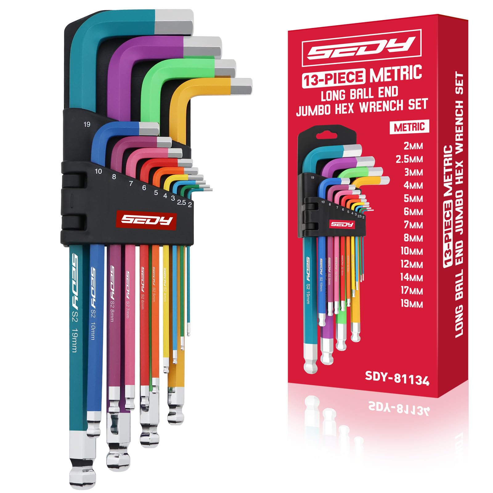 13-Piece Color Coding Jumbo Ball End Long Arm Hex-Key Large Allen Wrench Set, Metric (2-19MM) Anti-Slip Long Ball End Hex Wrench Set, Chrome Vanadium Steel, for Automotive, Bicycle Repairs and DIY Image