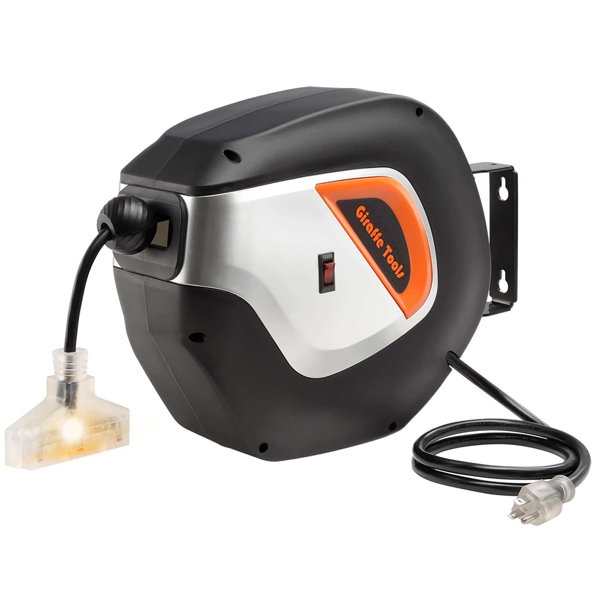 Giraffe Tools Retractable Power Cord Reel – 12AWG/3C SJTOW, 50 FT, 3 Outlets, Wall/Ceiling Mount