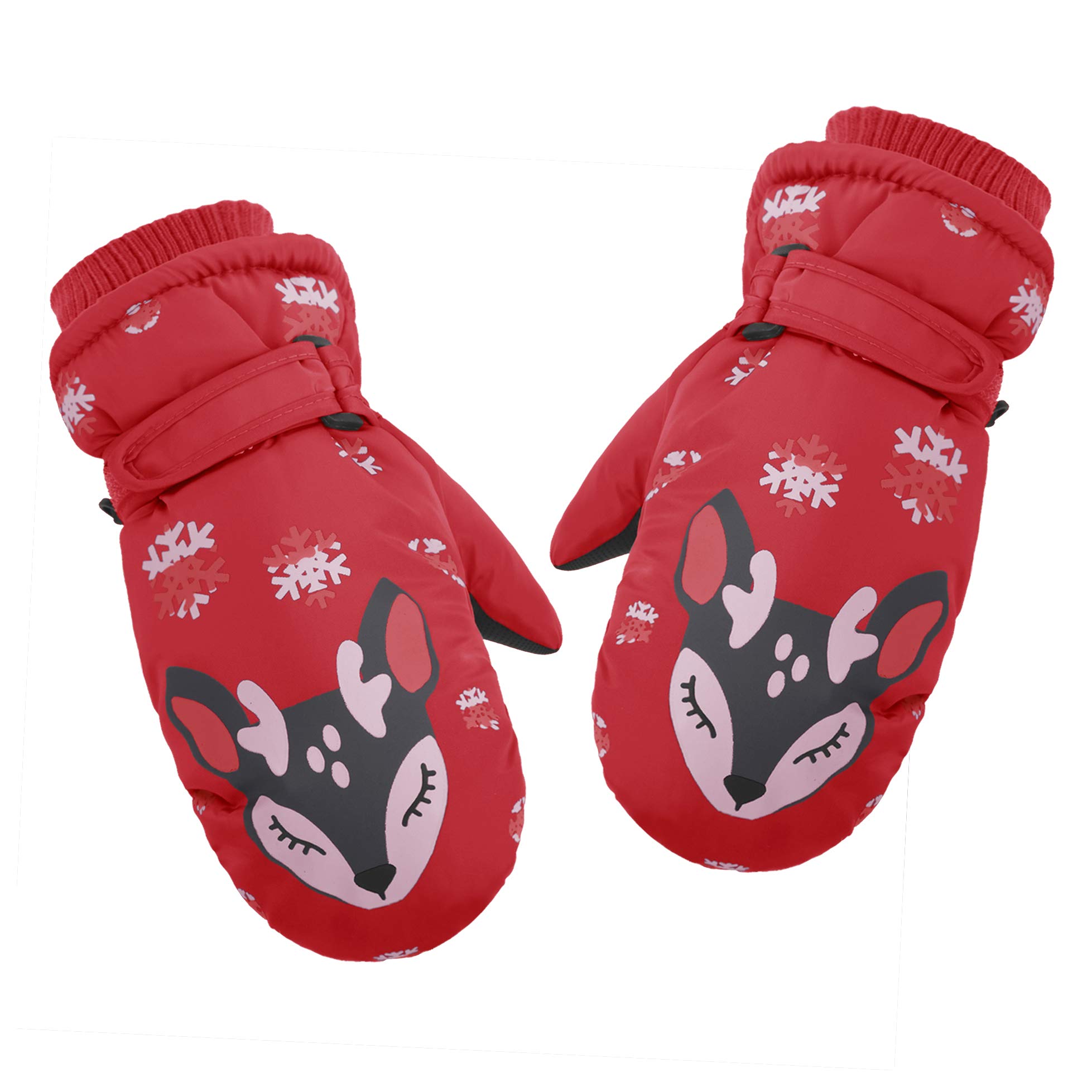 Moonlove Kids Winter Ski Gloves Mittens Reindeer Cartoon Snowboarding Skiing Gloves Inside Thick Padded Super Warm Winter Lovely Mittens for Boys Girls Age 3-7 Years Old, Red