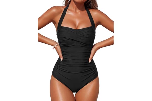 Smismivo Tummy Control Swimwear Halter One Piece Slimming Vintage Retro Swimsuit Womens Ruched Push Up Bathing Suit