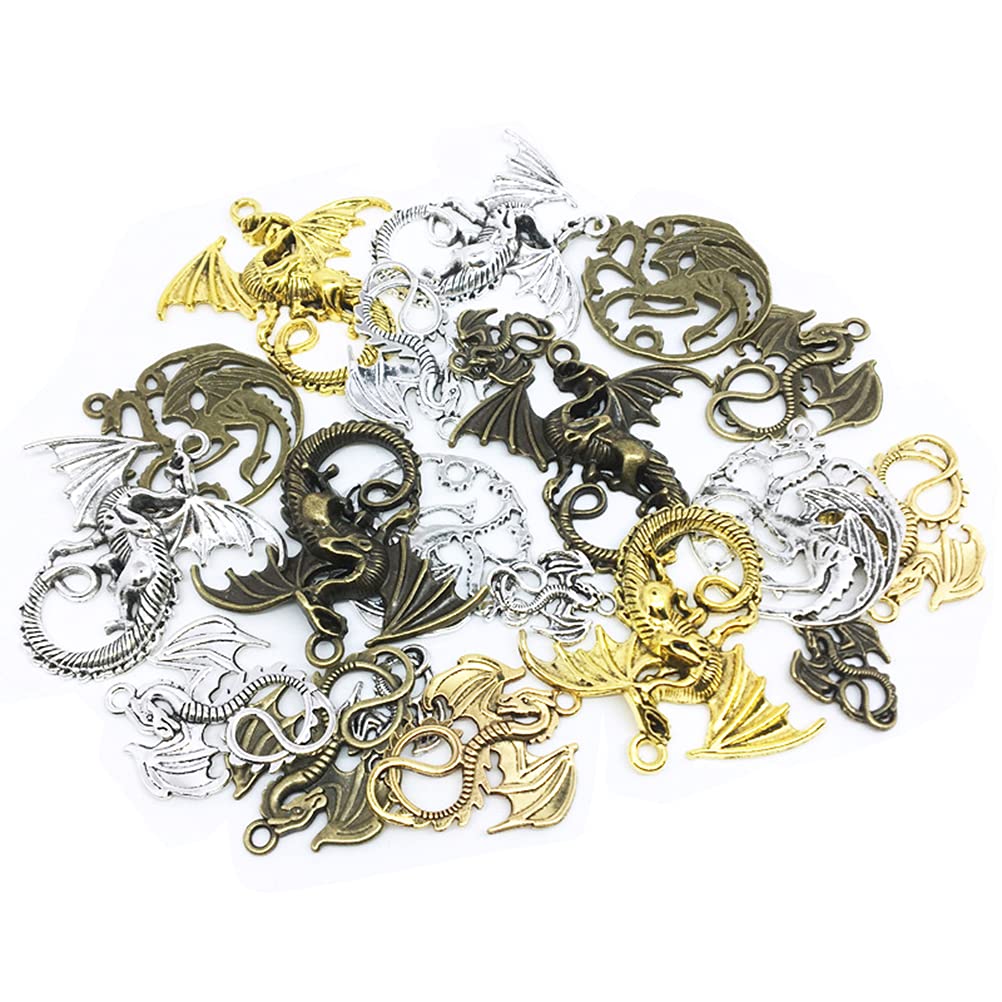 MiaLover Pack of 20 Antique Steampunk Dragon Metal Pendant Gear Flying Dragon Charms Retro Jewellery for Handmade Accessories DIY Decorations Jewellery Crafts (Three Colours), Cyan,Silver