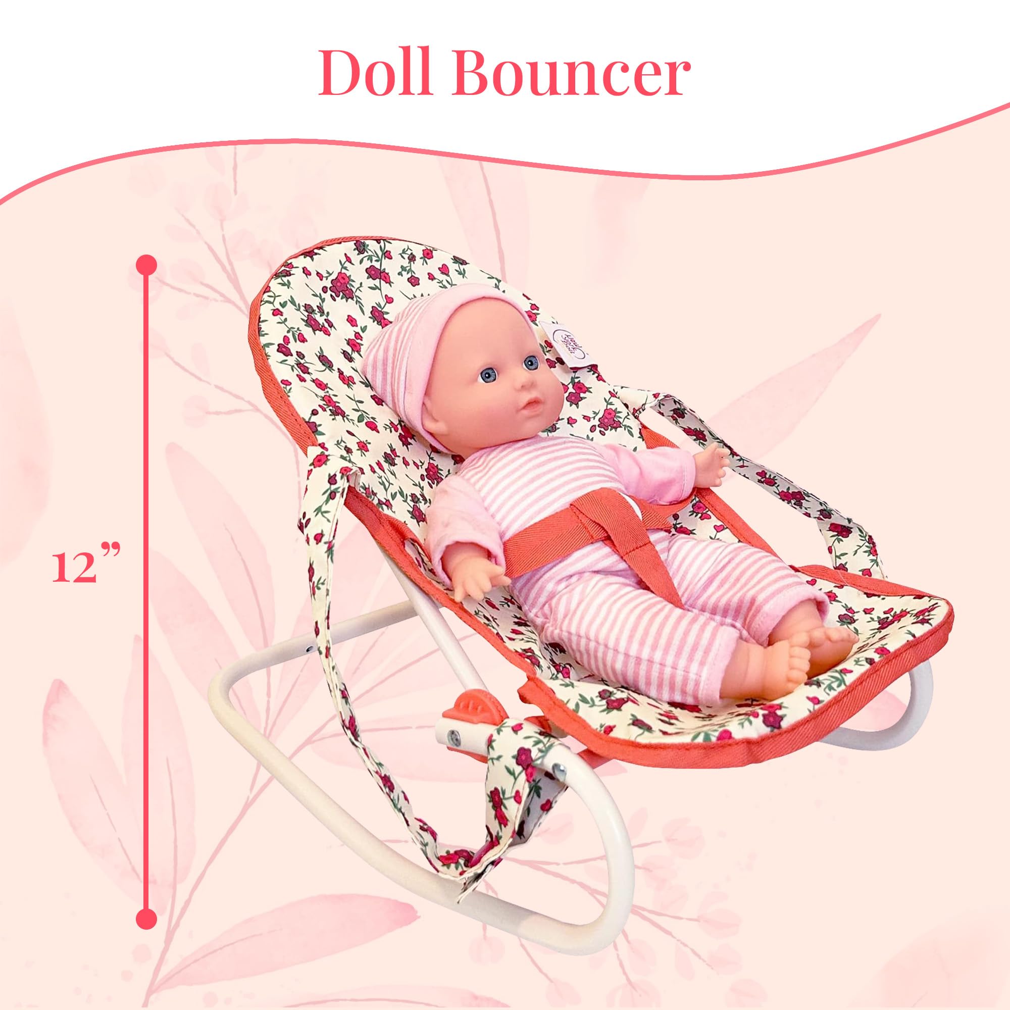 Floral Baby Doll Accessories Set, 3-1 Baby Doll Crib, Baby Doll High Chair & Bouncer Seat. 18 inch Doll Accessories with Doll Bed. 18