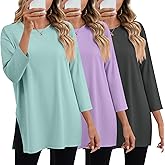 Huukeay 3 Pack Women's Oversized T Shirts Workout 3/4 Sleeve Top Loose Side Split Gym Elbow Crewneck Casual Clothes Tee