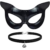 Women's cat Costume Cat Mask and Collar Set, Women‘s Cat Costume Accessories for Adults, Cat Ears Half Face Masquerade Mask & Choker Black Eye Mask for Woman Halloween Animal Cat Cosplay Costume