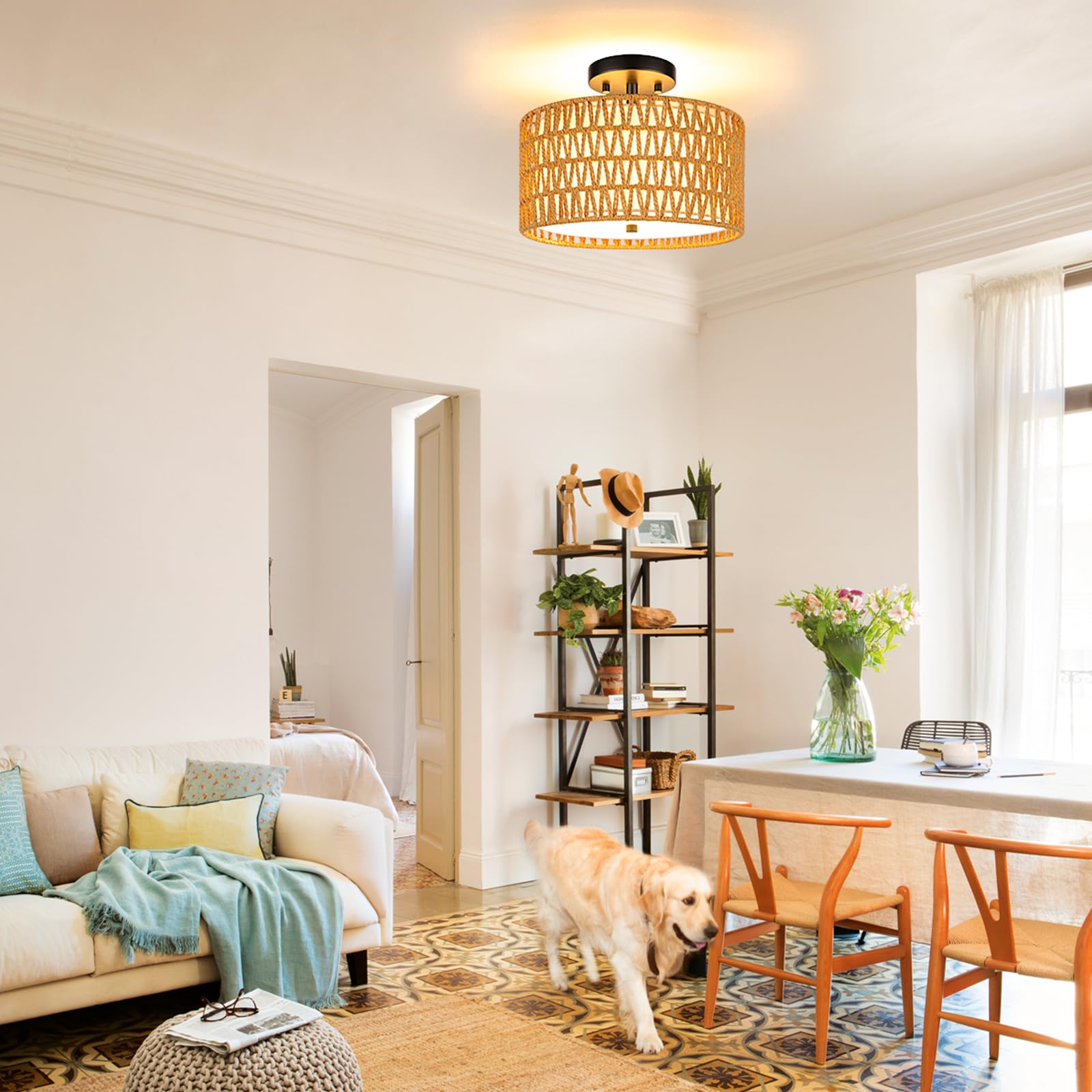 SunRider Semi Flush Mount Ceiling Light Fixture, 3-Light Farmhouse Woven Rattan and Fabric Shade Drum Light, Boho Rattan Lamp for Bedroom Foyer Porch