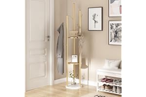 TIEOU Metal Coat Rack, Gold Coat Racks Freestanding with Shelves and Marble Base, Coat Tree with 9 Hooks for Scarves, Bags, Modern Coat Rack Stand for Entryway, Living Room, Bedroom, Easy Assembly
