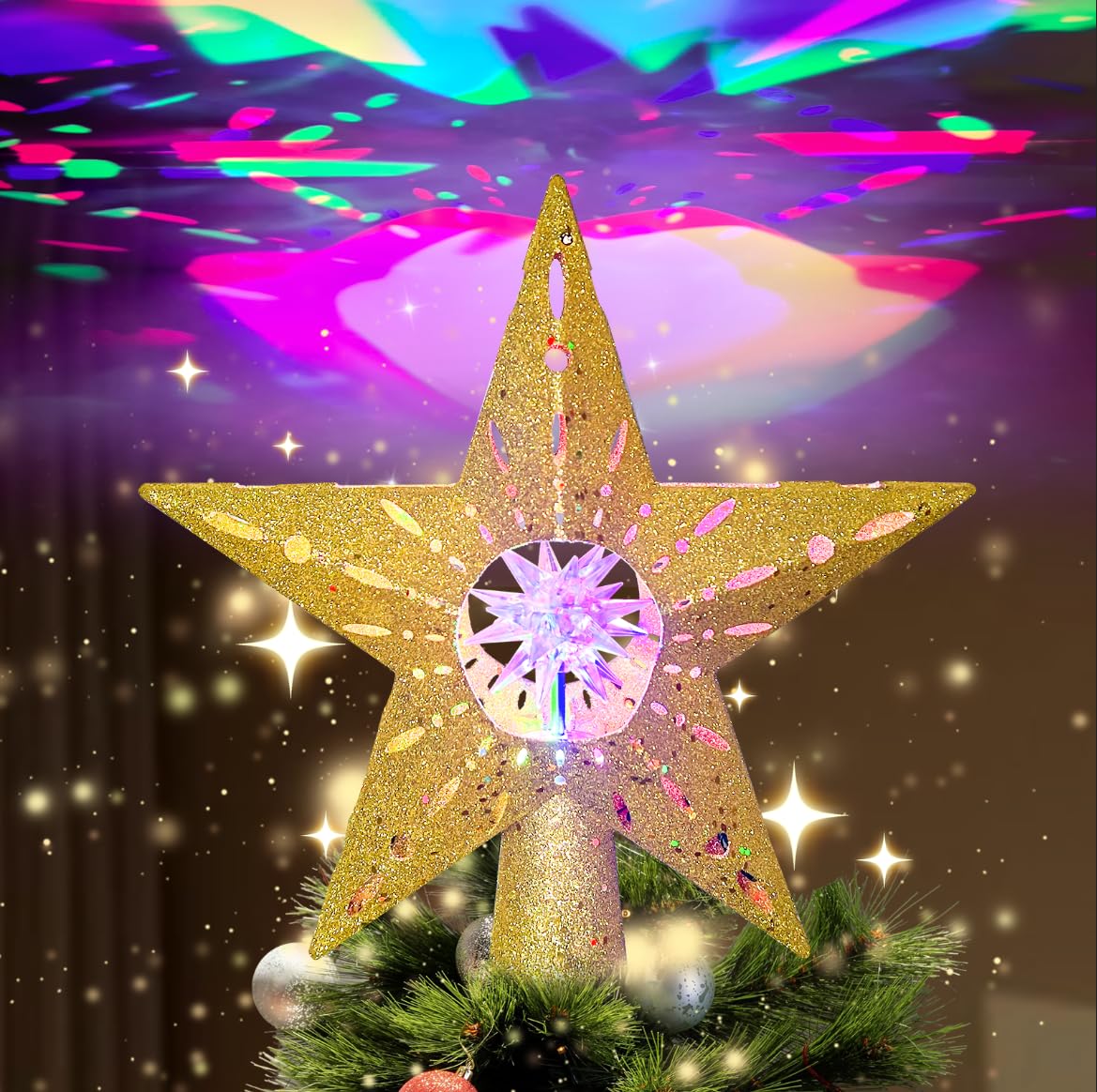 Photo 1 of 12.2 inch Gold Bethlehem Christmas Star Tree Topper Projector with RGB Rotatable Projector Lights Gold Star Projector Lights Tree Topper Plug in for Indoor Office Xmas New Year (1 Pattern,3m Cable)