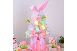 HOMDAILY Easter Table Decorations with Egg Lights, 24 Inch Easter Egg Bunny Tree with Ornaments, Bunny Ears Tree Topper, Tree Skirt, Tabletop Tree Centerpieces for Tables, Indoor Home Bedroom Decor