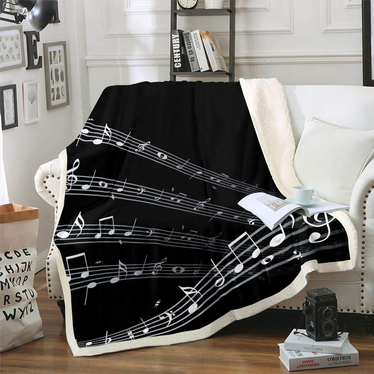 Loussiesd Musical Note Blanket - Staff Pattern Sherpa Fleece Throw for Adults - Classic Music Themed - Black & White - 50"x60"
