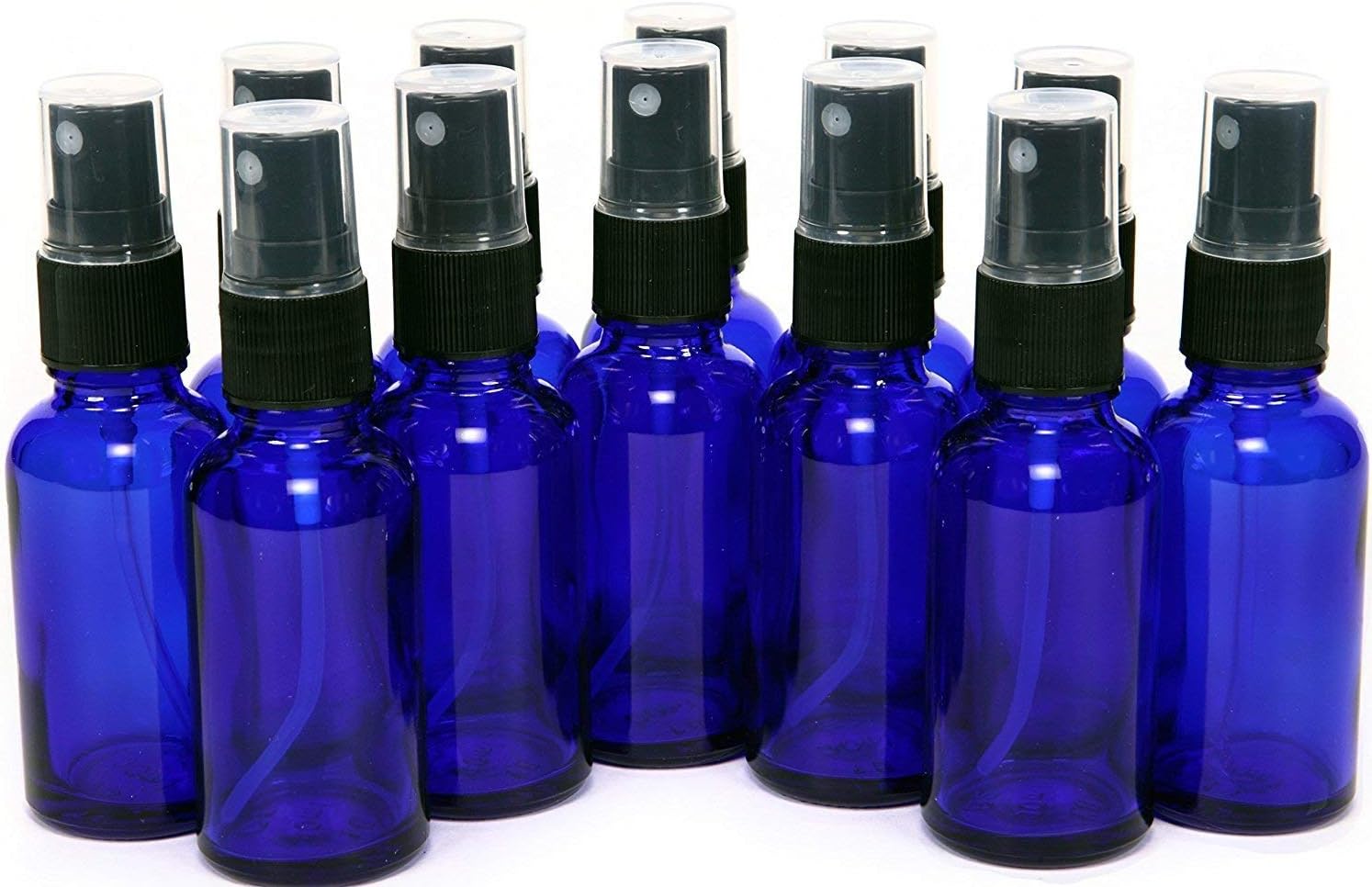 1 OZ Blue Boston Round Glass Bottle W/Black Sprayers - Pack of 12