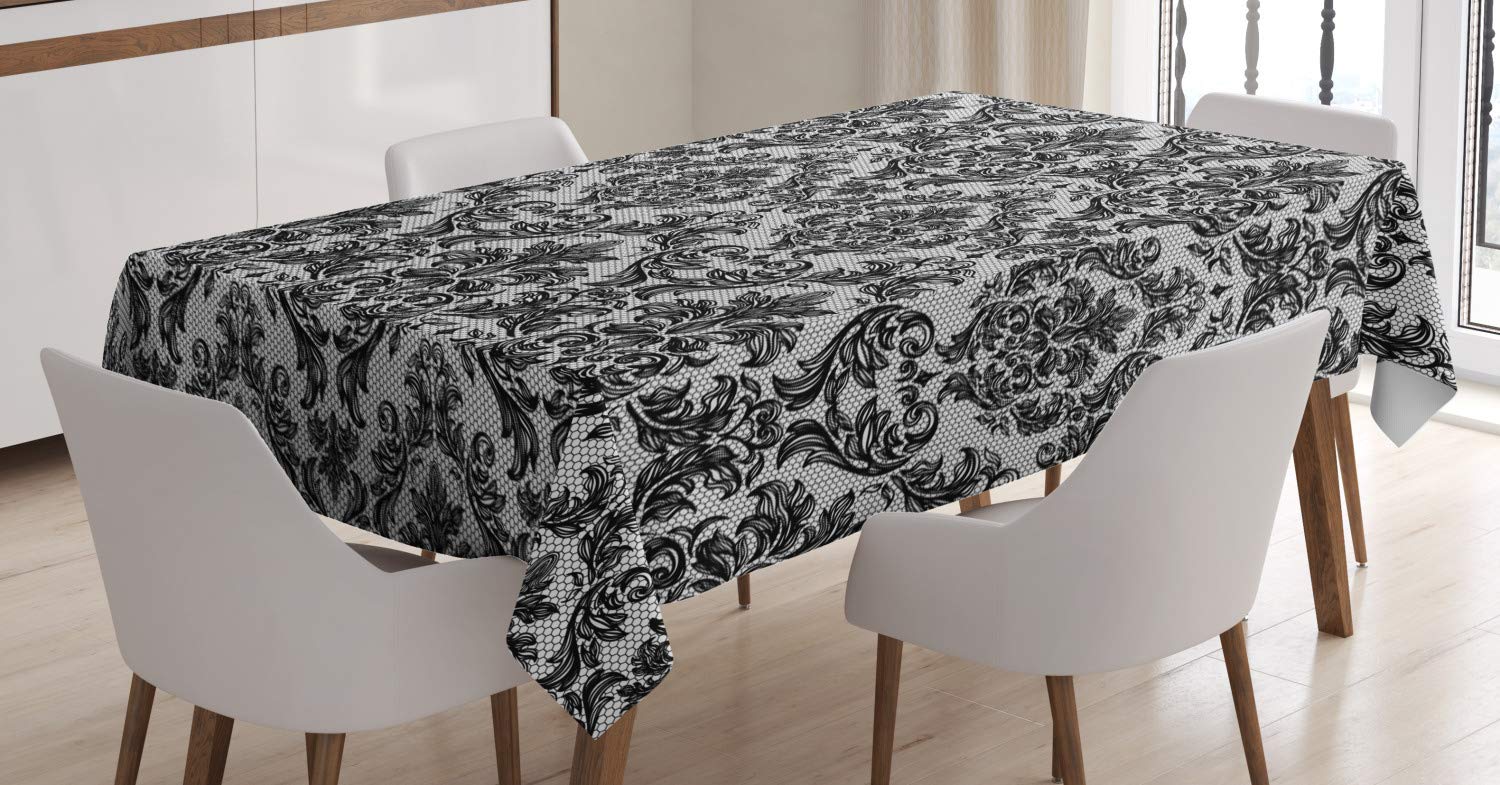 ABAKUHAUS Baroque Tablecloth, Vintage Lace Style Pattern of Antique Victorian Motifs Renaissance Influences, Dining Room Kitchen Table Cover, 54" x 66", Black and White