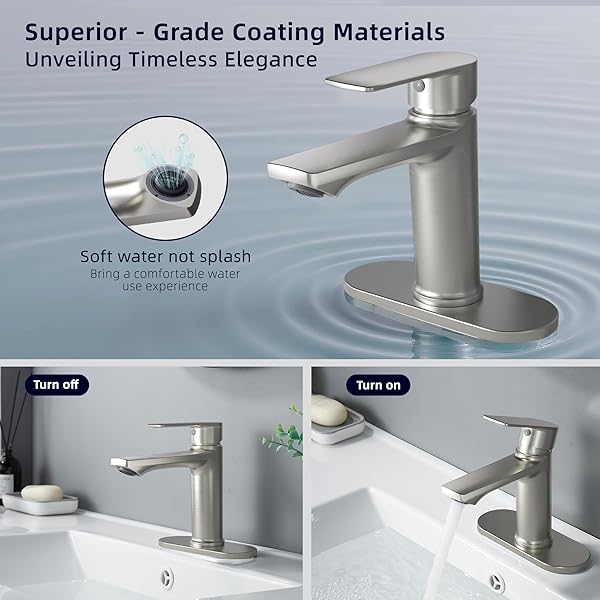 BELZ BRUSHED NICKEL BATHROOM FAUCET, MODERN SINGLE HANDLE ONE HOLE BATH VANITY SINK FAUCET WITH POP UP DRAIN AND DECK PLATE FOR 1 OR 3 HOLES