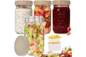 4 Pack Glass Salad Jars with Lids, 32oz Wide Mouth Mason Jars, Portable Overnight Oats Containers with Dressing Cup, Leakproo
