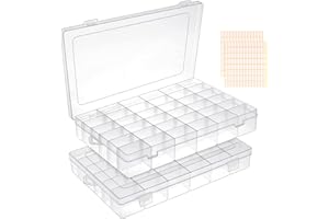 NIUBIER 2 Pack 36 Grids Clear Plastic Organizer Box, Storage Container With Adjustable Divider, Craft and Bead Storage for DIY Jewelry Tackles With 2 Sheets Label Stickers
