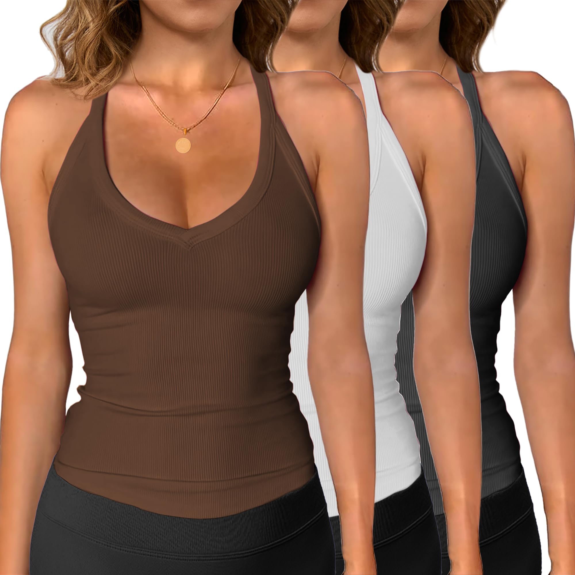 Photo 1 of iGENJUN Women Workout Tops for Women Racerback Tank Tops 2025 Yoga Gym Ribbed Sleeveless Shirts Clothes,XL,BlackWhiteBrown
