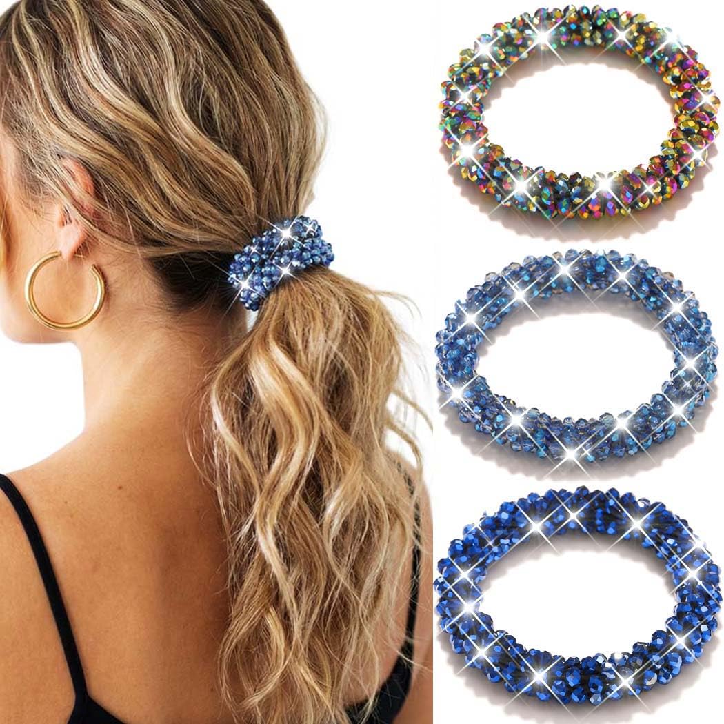 Reaky Rhinestone Hair Tie Fancy Ponytail Holders Blue Beaded Scrunchies Hair Accessories for Women (Blue)