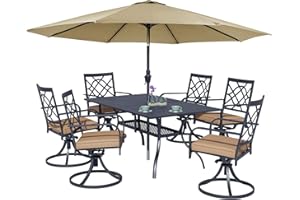 Crownland 7 PCS Furniture Patio Dining Set, 6 Swivel Metal Chairs and Rectangular Outdoor Dining Table with Khaki 9FT Round Outdoor Umbrella (Metal Tabletop)