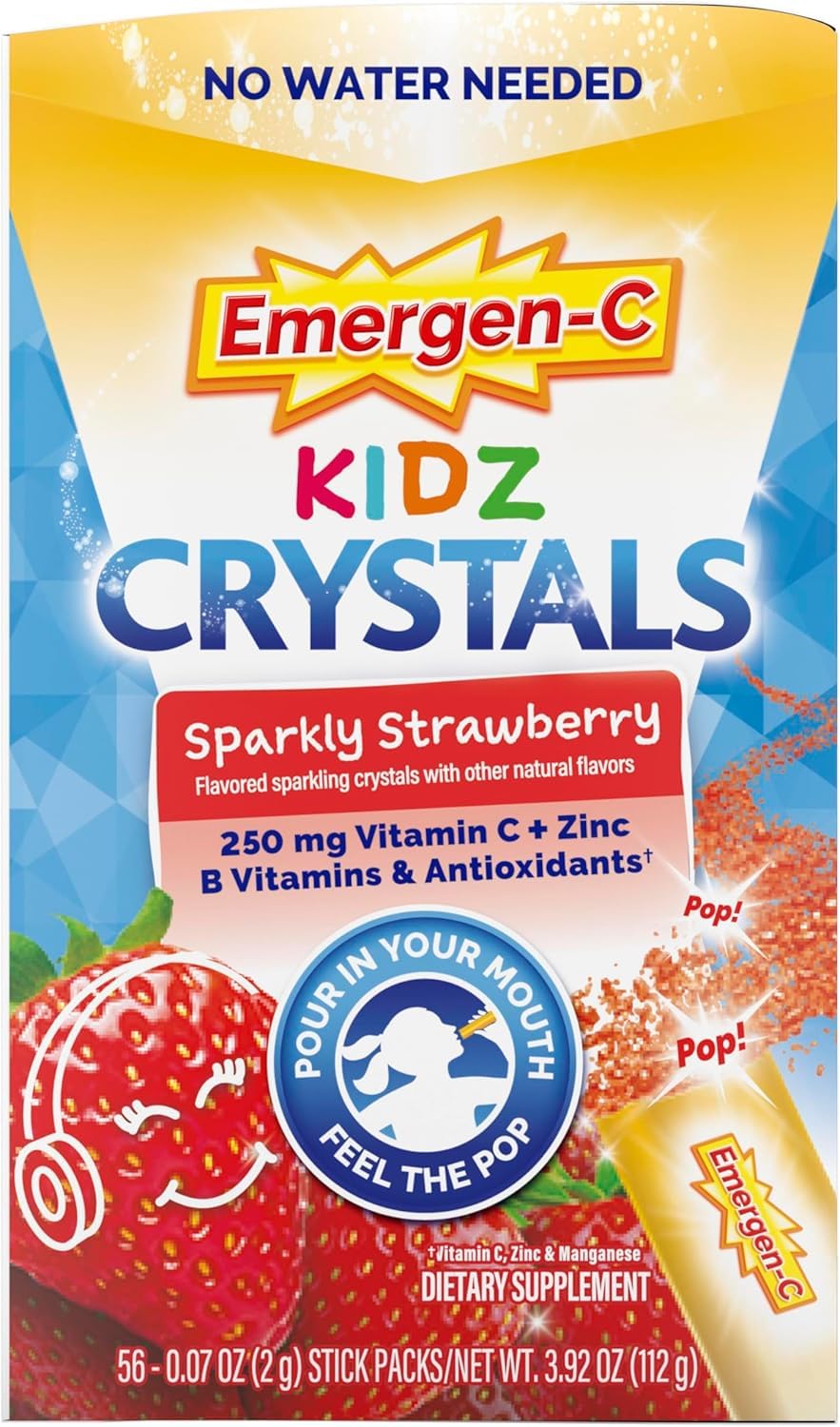 Emergen-C Kidz Crystals, On-the-Go Emergen-C Immune Support Supplement with Vitamin C, B Vitamins, Zinc and Manganese, Sparkly Strawberry, Stocking Stuffer - 56 Stick Packs