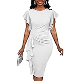 Womens Short Ruffle Sleeve Church Dress 50S Vintage Crew Neck Bodycon Work Pencil Midi Dress