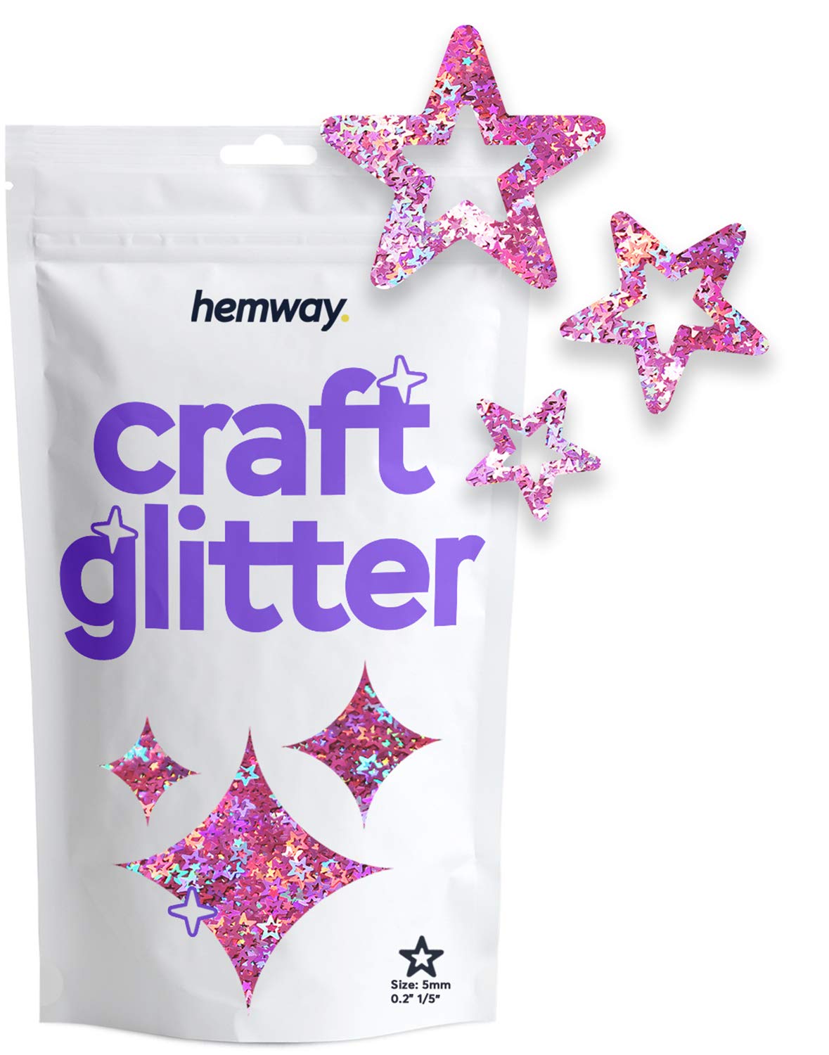 Hemway Craft Glitter Hollow Star Shape, 50g, Pink Holographic | Shaped Glitter for Crafts, Resin, Cosmetic, Nail, Face, Body, Festival, Tumblers, Art, Crafting