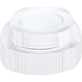 Bestluck 100 PCS White and Silver Plastic Plates for 50 Guests, Rose Gold Disposable Plates Include 50 PCS Dinner Plates, 50 PCS Dessert Plates for Party, Wedding and Baby Shower