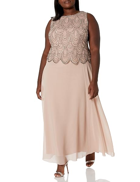 J KARA WOMEN’S PLUS SIZE SLEEVELESS BEADED POP OVER DRESS WITH SCARF, BLUSH/MERCURY, 20W