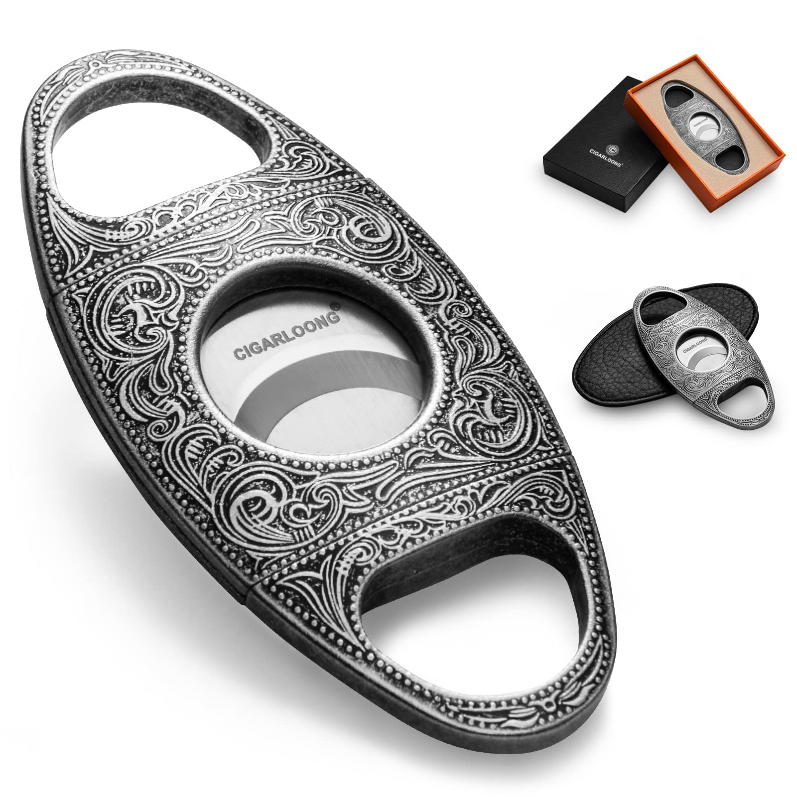 Photo 1 of CIGARLOONG Cigar Cutter Stainless Steel Bronze Engraved Double Cut Blade (Color:Silver1)