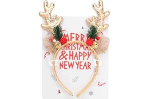 BLAAROOM Christmas Reindeer Antlers Headbands for Women Girls Glitter Elk Antlers Ears Headband with Jingle Bells Christmas Headwear Decorations - Gold
