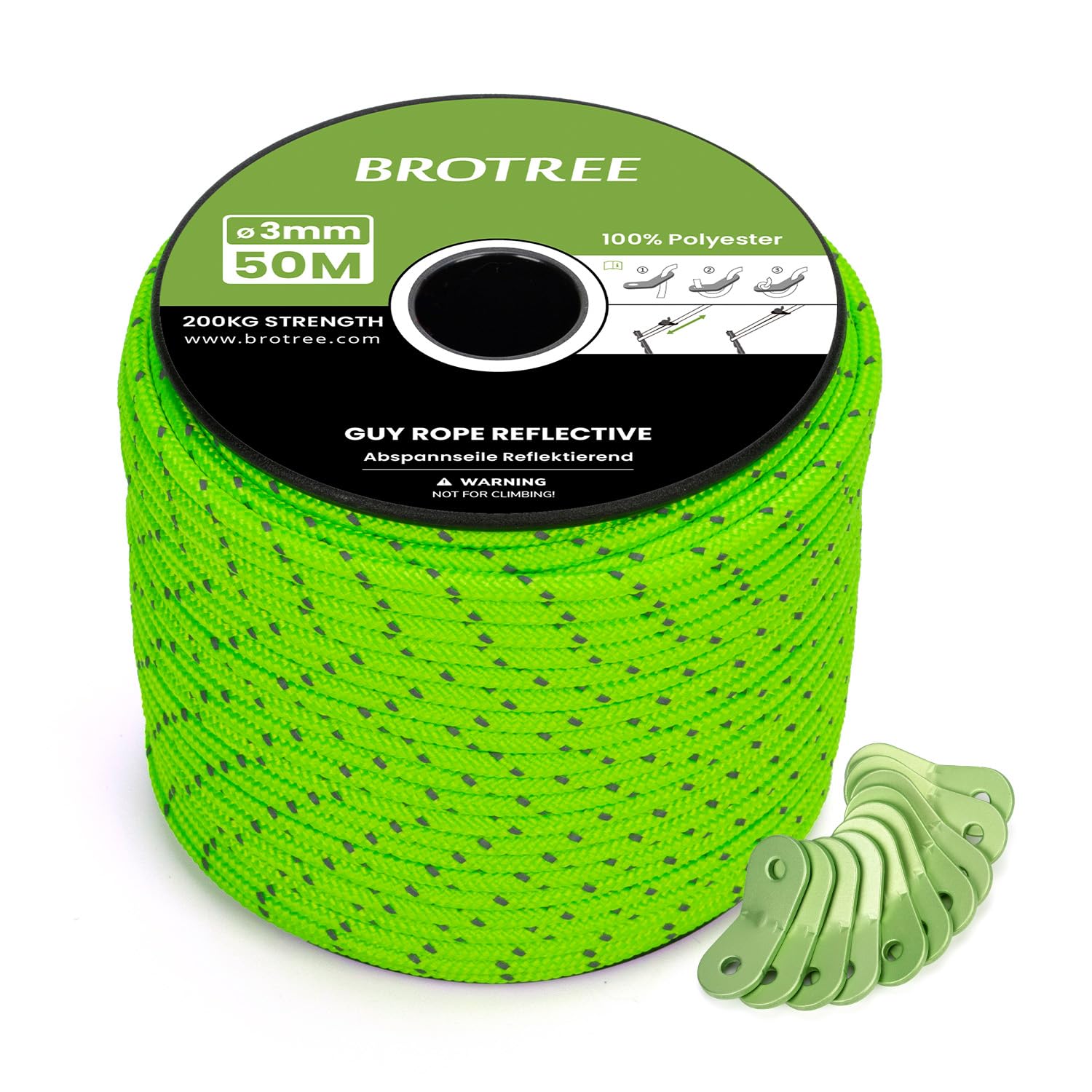 BROTREE Tent Guy Rope 3mm 50m Reflective Guy Line Heavy Duty Guide Rope with 10Pcs Aluminum Tensioners for Tent Gazebo Awning Camping (Neon Green)