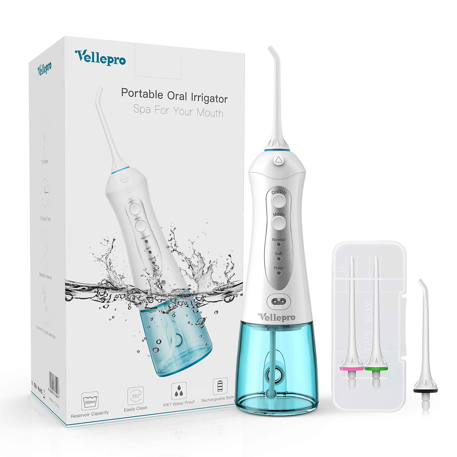 Vellepro Cordless Water Flosser Portable Dental Oral Irrigator USB Rechargeable With Professional 3 Modes & 4 Jet Tips Teeth Cleaner & Tips Box IPX7 Waterproof for Home and Travel