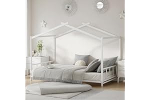 UOCFYK Twin Size Montessori Toddlers Floor Bed with Headboard & Footboard, Metal House Bed Frame with Soundproof Strip for Boys and Girls, Kids Playroom, No Box Spring Needed, Easy to Assemble, White