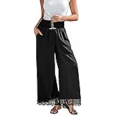 CUPSHE Women's Lace Trim Wide Leg Pants, Spring Summer High Waist Smocked Palazzo Casual Beach Pants with Pockets