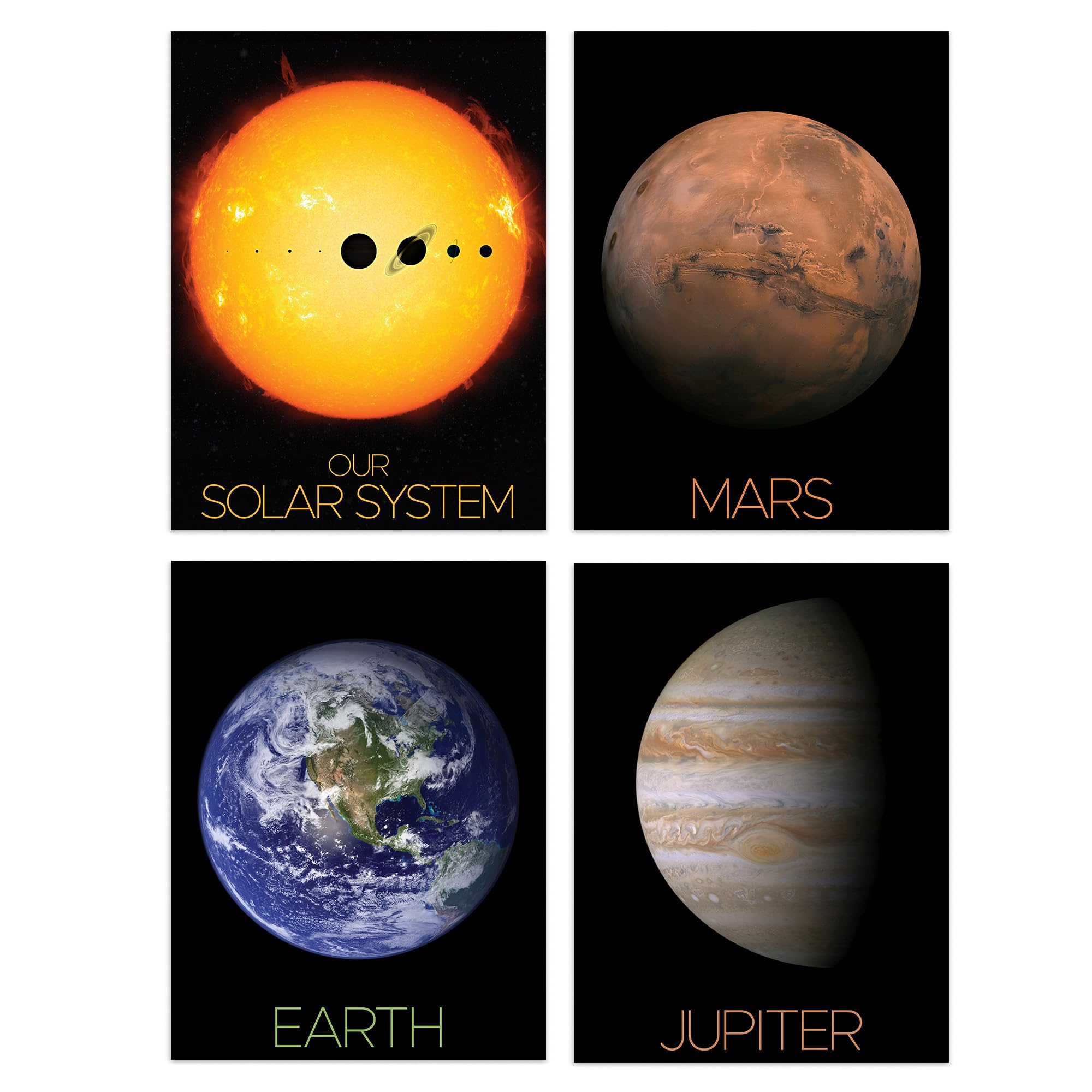 Artery8 Pack of 4 NASA Our Solar System The Sun and Planets Size Comparison Mars Earth Jupiter Images Unframed A4 Wall Art Living Room Prints Set