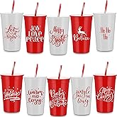 Sliner 10 Pcs 34 oz Christmas Tumbler with Straw Lid Winter Holiday Coffee Mug Cup Reusable Plastic Cup Xmas Joy Love Peace Believe School Classroom Rewards Party Supplies for Student from Teacher