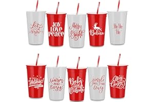 Sliner 10 Pcs 34 oz Christmas Tumbler with Straw Lid Winter Holiday Coffee Mug Cup Reusable Plastic Cup Xmas Joy Love Peace Believe School Classroom Rewards Party Supplies for Student from Teacher